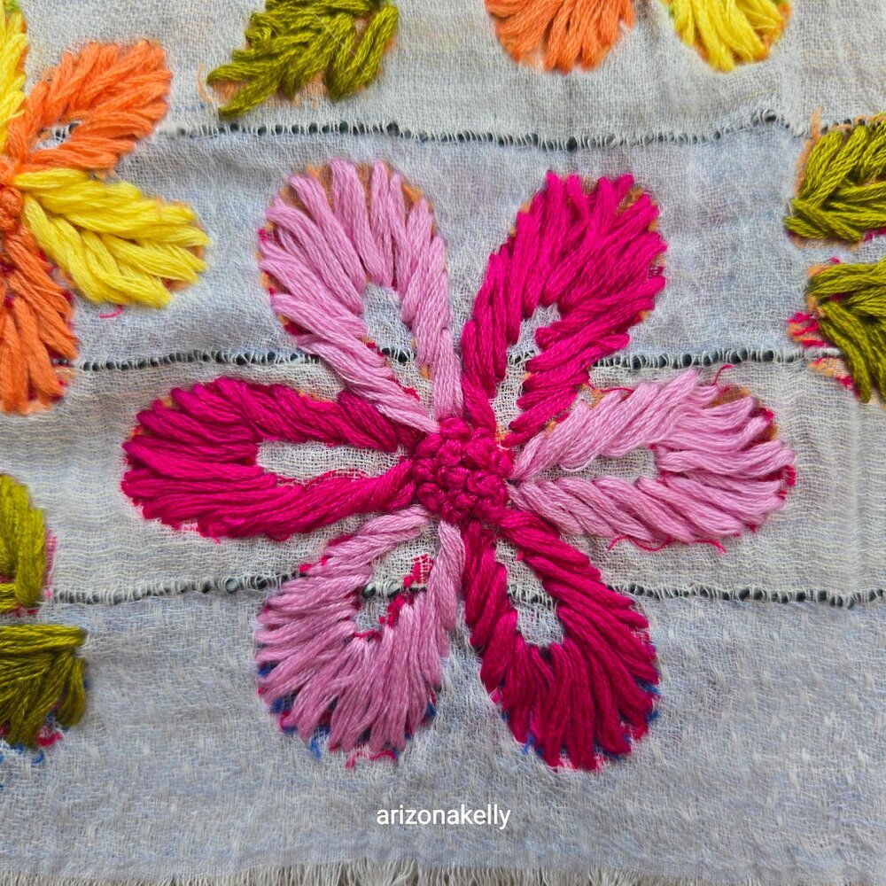 Crinkle Cotton Scarf With Colorful Yarn Flowers Hand-Embroidered Boho - Picture 7 of 12